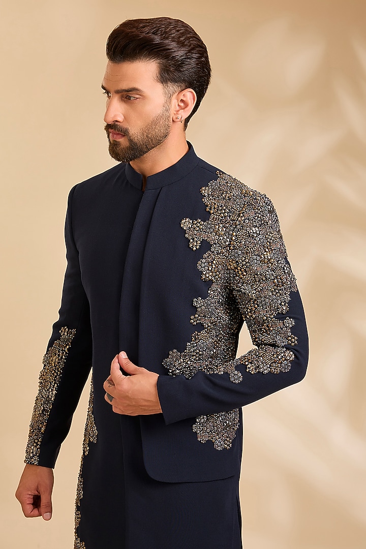 Navy Blue Suiting Groom Indowestern Set by Qbik Men at Pernia's Pop Up Shop