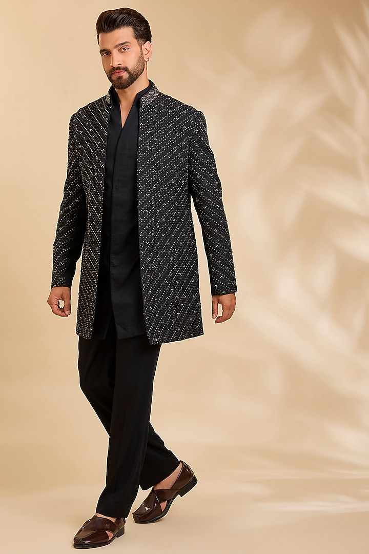 Black Silk Groom Indowestern Set by Qbik Men at Pernia's Pop Up Shop