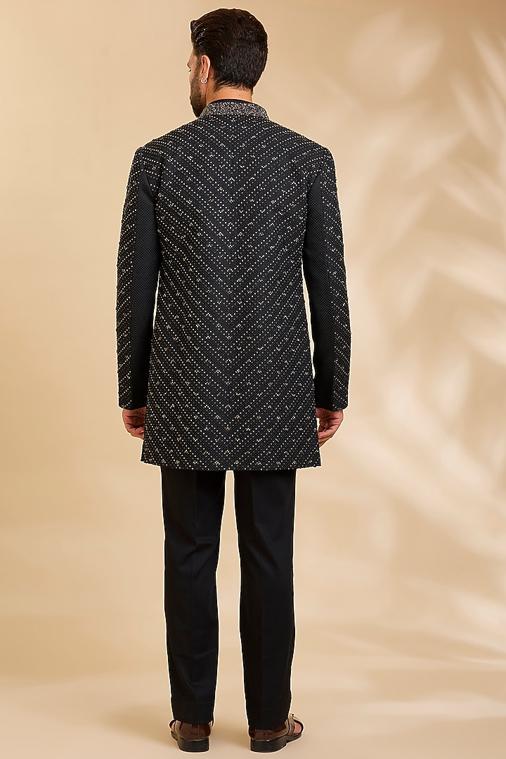 Black Silk Groom Indowestern Set by Qbik Men at Pernia's Pop Up Shop