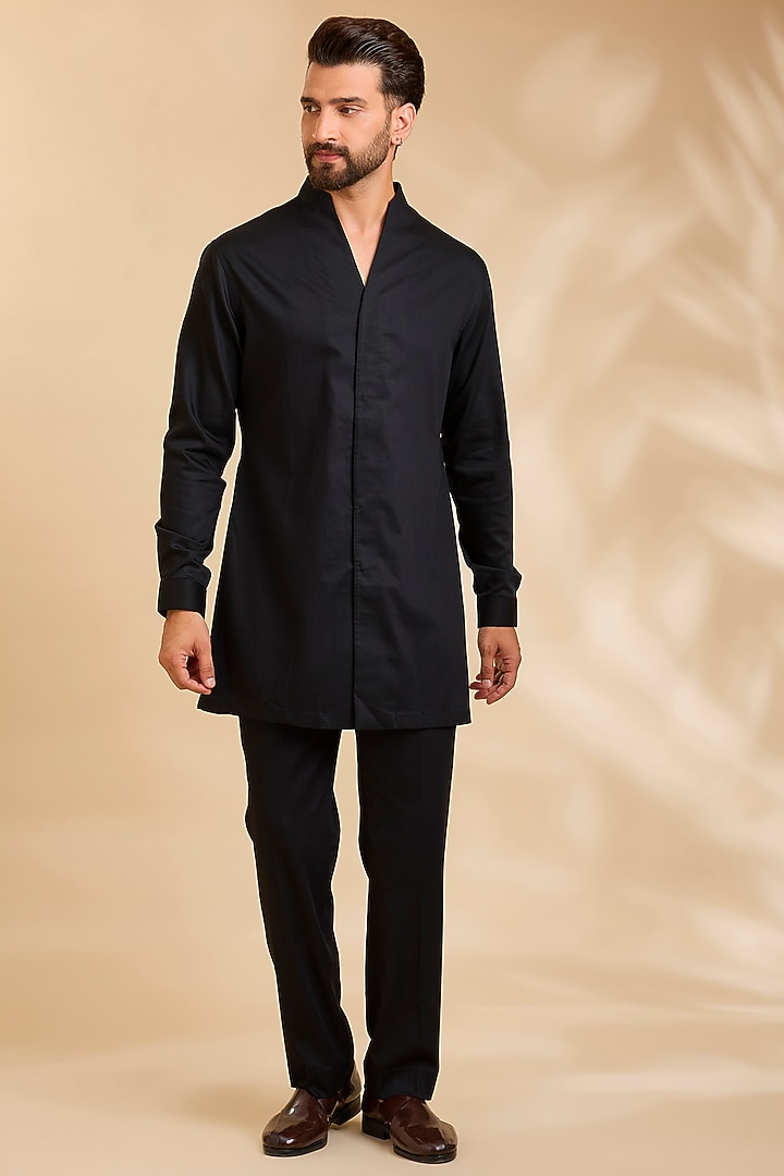 Black Silk Groom Indowestern Set by Qbik Men at Pernia's Pop Up Shop