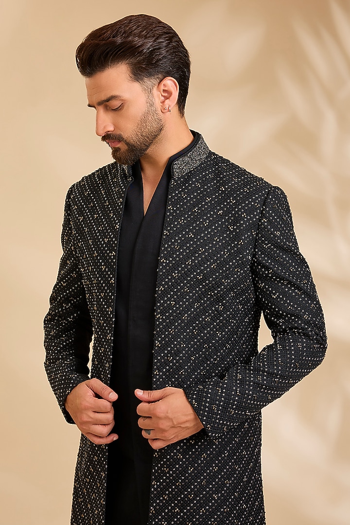 Black Silk Groom Indowestern Set by Qbik Men at Pernia's Pop Up Shop