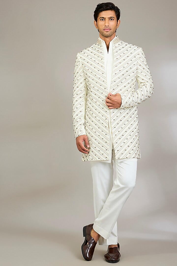 Ivory Silk Groom Indowestern Set by Qbik Men at Pernia's Pop Up Shop