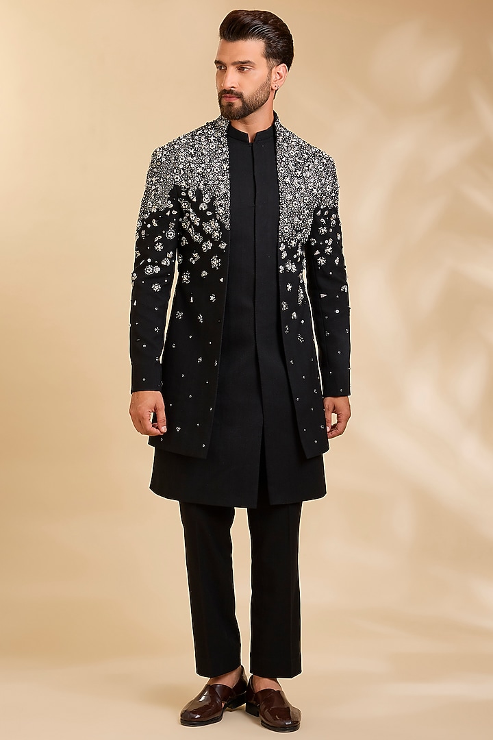 Black Silk Groom Indowestern Set by Qbik Men at Pernia's Pop Up Shop