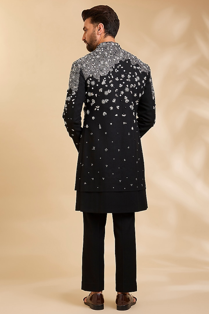Black Silk Groom Indowestern Set by Qbik Men at Pernia's Pop Up Shop