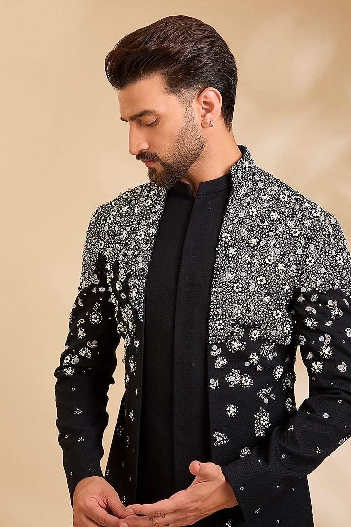 Black Silk Groom Indowestern Set by Qbik Men at Pernia's Pop Up Shop