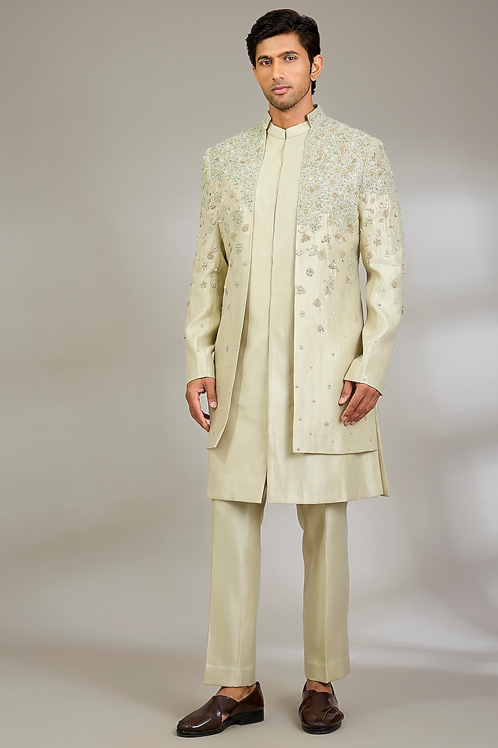 Mint Silk Groom Indowestern Set by Qbik Men at Pernia's Pop Up Shop