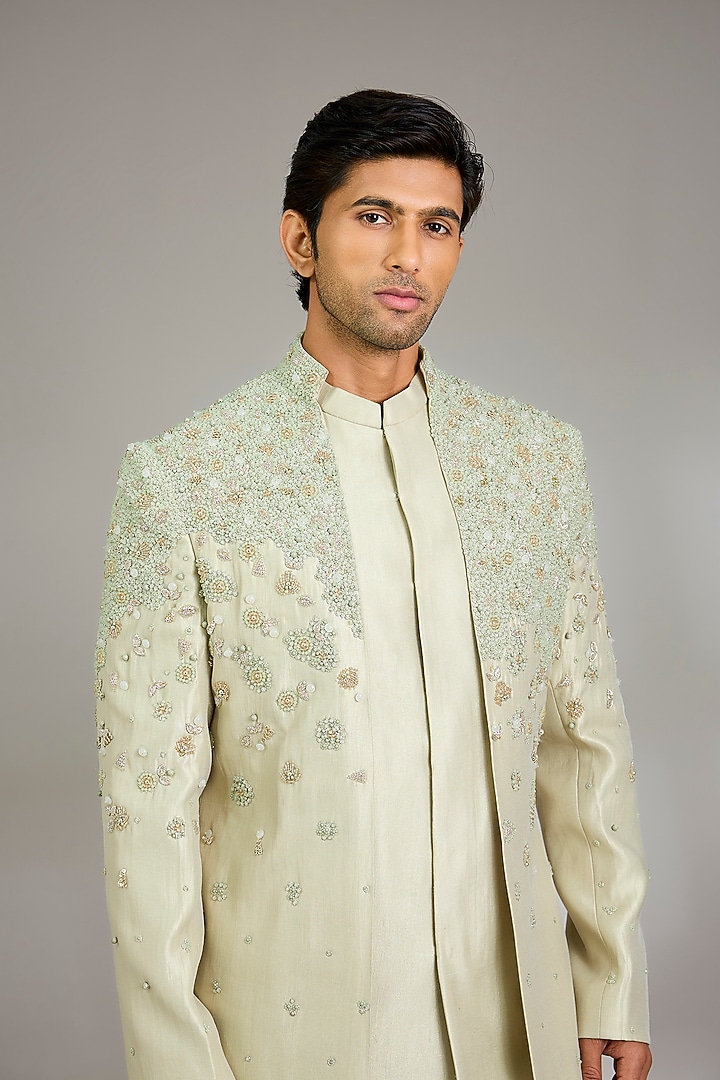 Mint Silk Groom Indowestern Set by Qbik Men at Pernia's Pop Up Shop