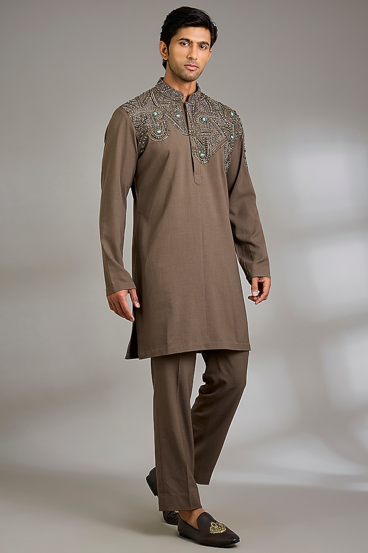 Dark Brown Silk Kurta Set by Qbik Men at Pernia's Pop Up Shop