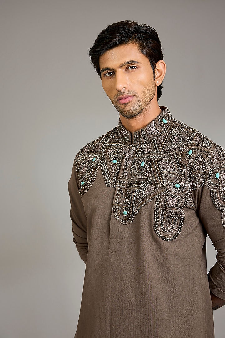 Dark Brown Silk Kurta Set by Qbik Men at Pernia's Pop Up Shop