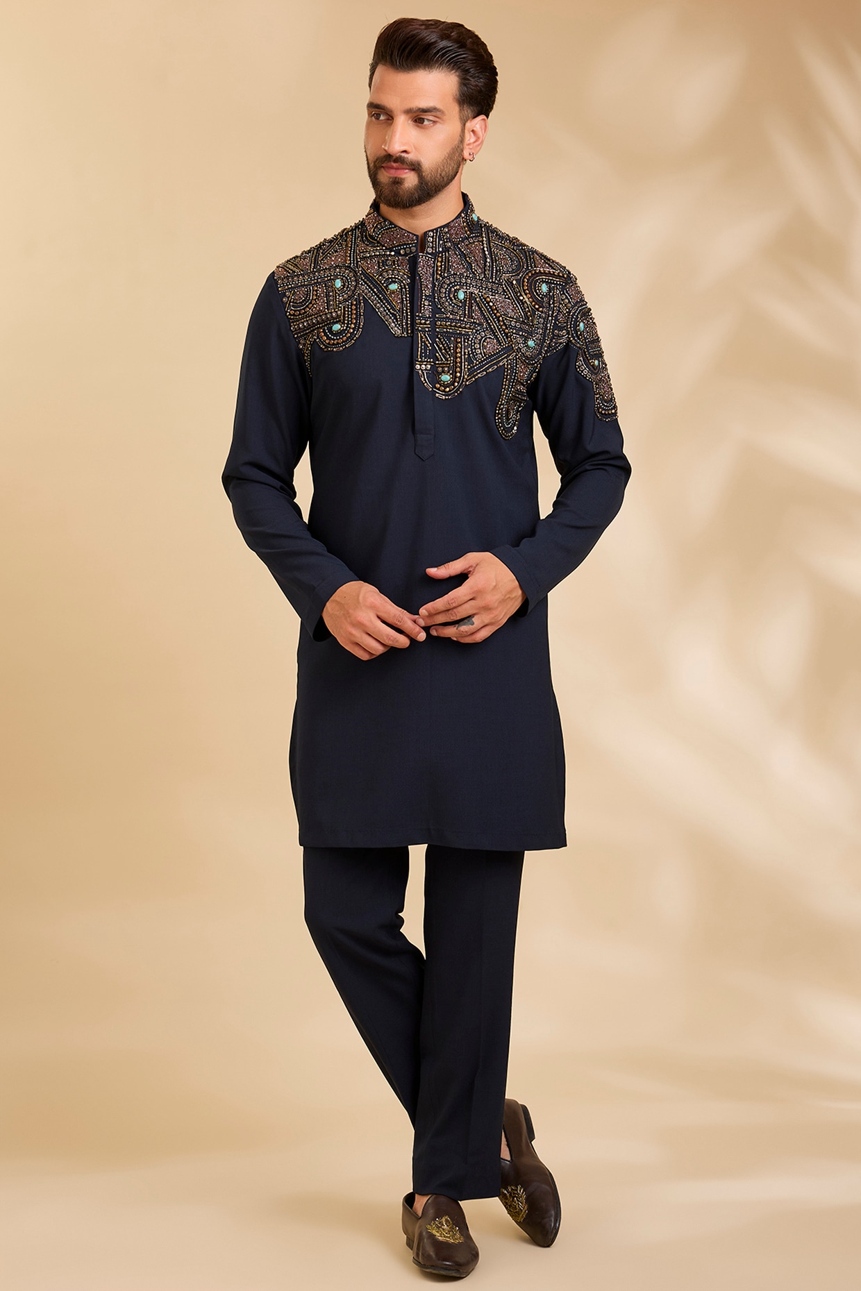 Qbik Navy Blue Linen Silk Chanderi Kurta Set