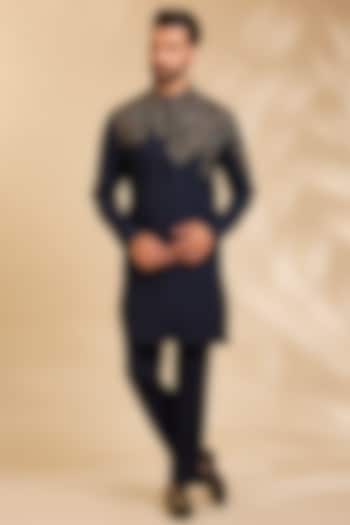Navy Blue Linen Silk Chanderi Kurta Set by Qbik Men at Pernia's Pop Up Shop