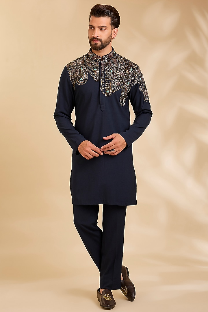 Navy Blue Linen Silk Chanderi Kurta Set by Qbik Men at Pernia's Pop Up Shop