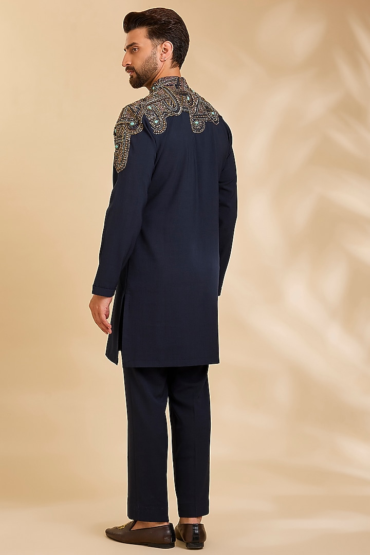 Navy Blue Linen Silk Chanderi Kurta Set by Qbik Men at Pernia's Pop Up Shop