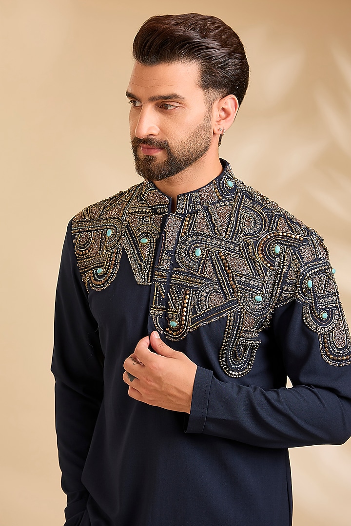 Navy Blue Linen Silk Chanderi Kurta Set by Qbik Men at Pernia's Pop Up Shop