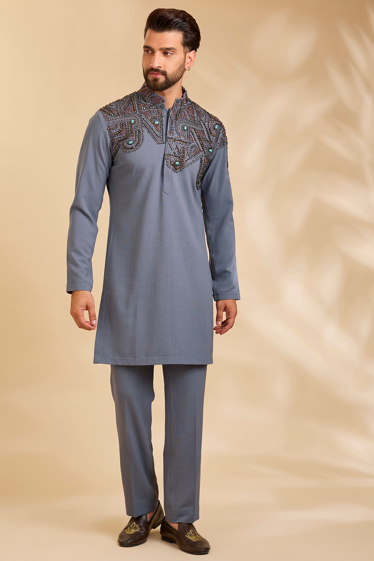 Qbik Grey Linen Silk Chanderi Kurta Set