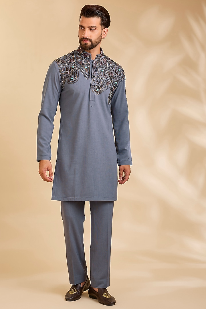 Grey Linen Silk Chanderi Kurta Set by Qbik Men at Pernia's Pop Up Shop