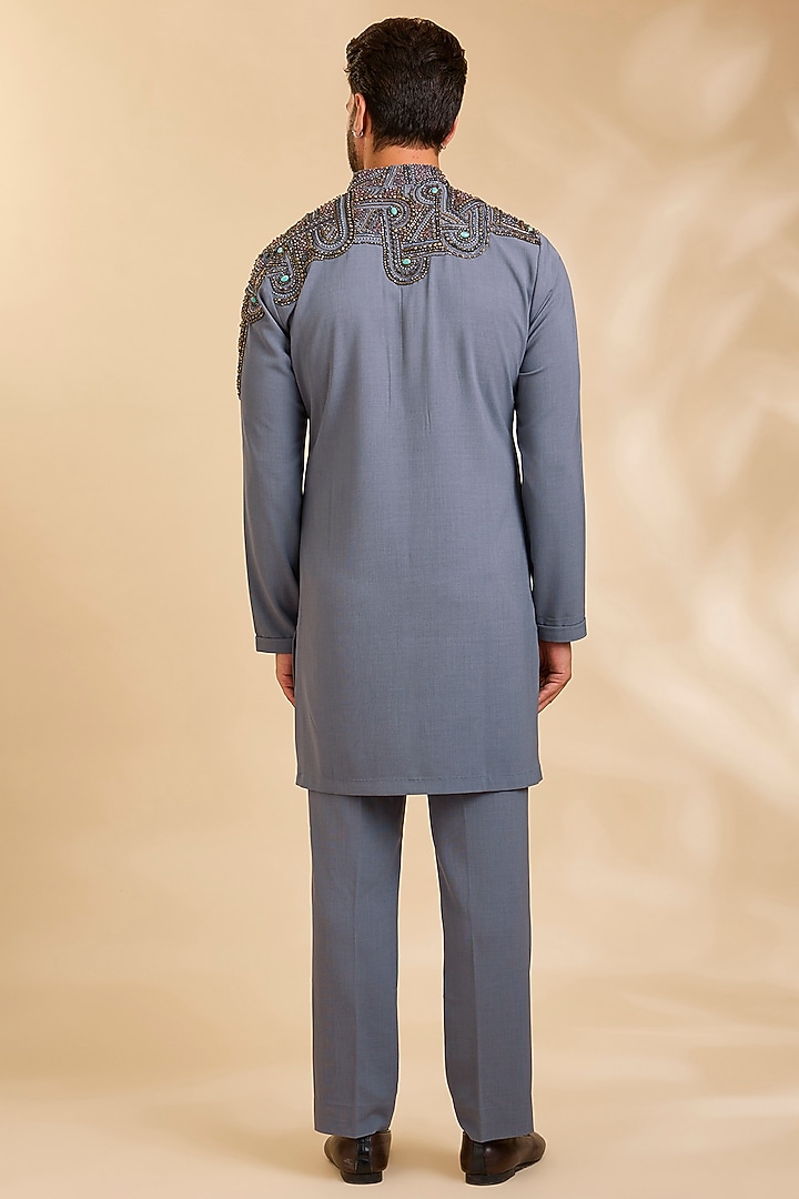 Grey Linen Silk Chanderi Kurta Set by Qbik Men at Pernia's Pop Up Shop