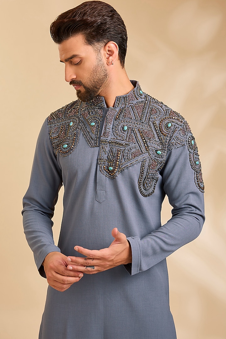 Grey Linen Silk Chanderi Kurta Set by Qbik Men at Pernia's Pop Up Shop