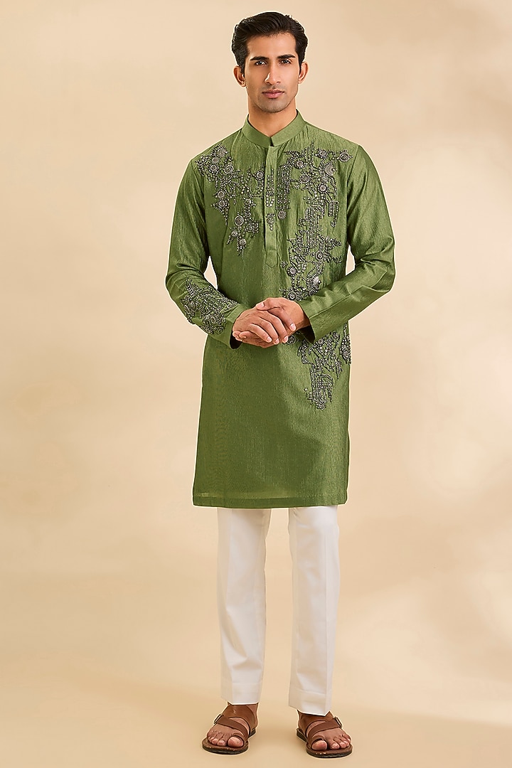 Green Silk Kurta Set by Qbik Men at Pernia's Pop Up Shop