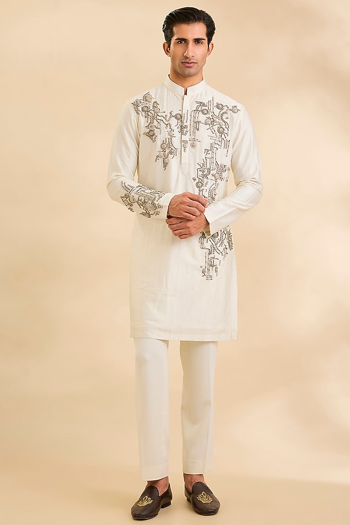 Ivory Silk Kurta Set by Qbik Men at Pernia's Pop Up Shop