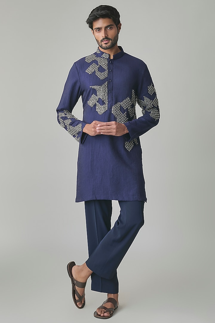 Navy Blue Chanderi Kurta Set by Qbik Men at Pernia's Pop Up Shop