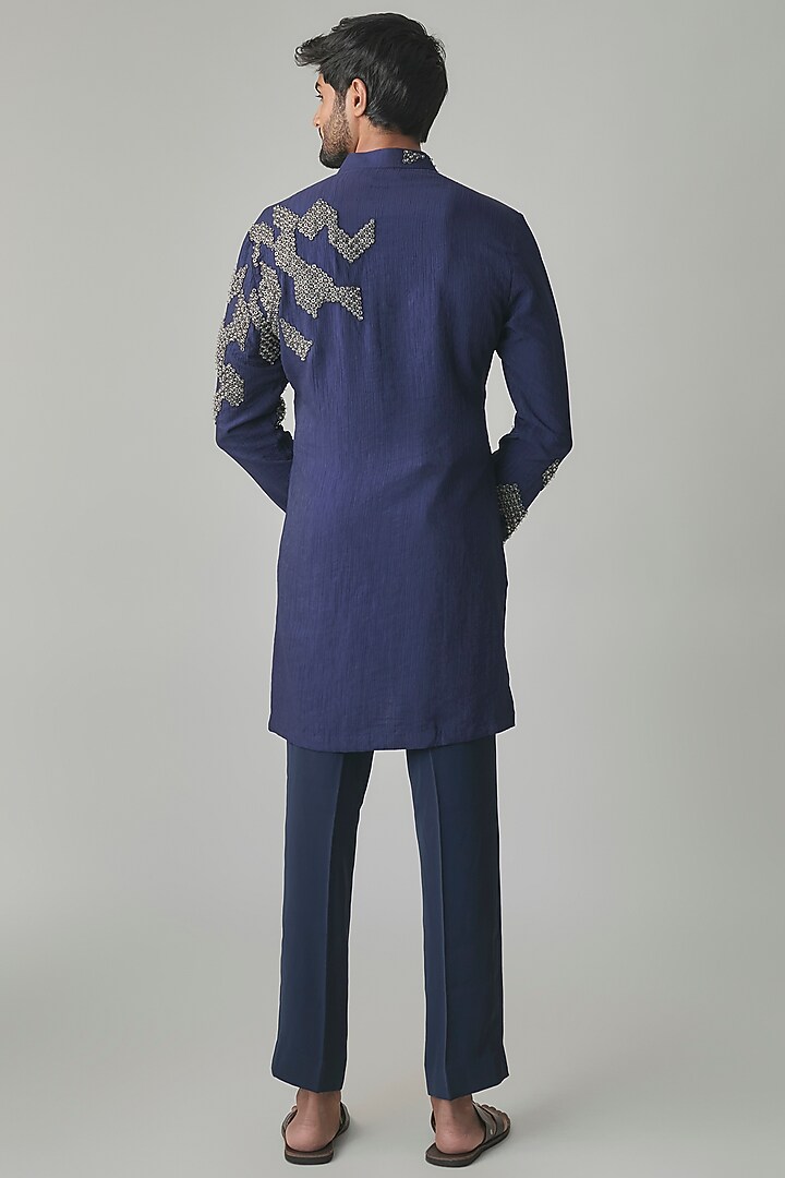 Navy Blue Chanderi Kurta Set by Qbik Men at Pernia's Pop Up Shop