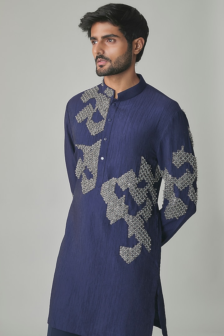 Navy Blue Chanderi Kurta Set by Qbik Men at Pernia's Pop Up Shop
