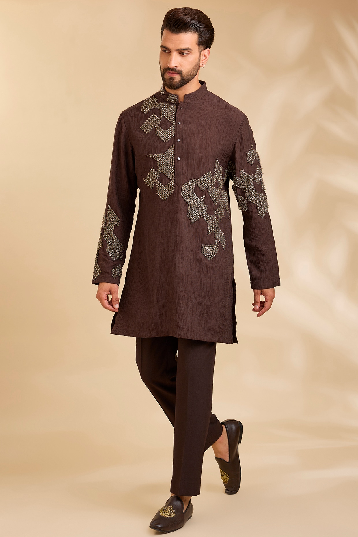 Qbik Dark Brown Linen Silk Chanderi Kurta Set