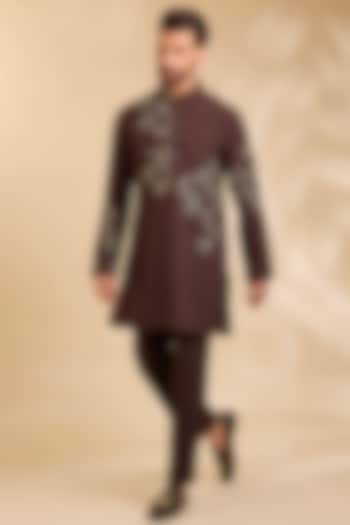 Dark Brown Linen Silk Chanderi Kurta Set by Qbik Men at Pernia's Pop Up Shop