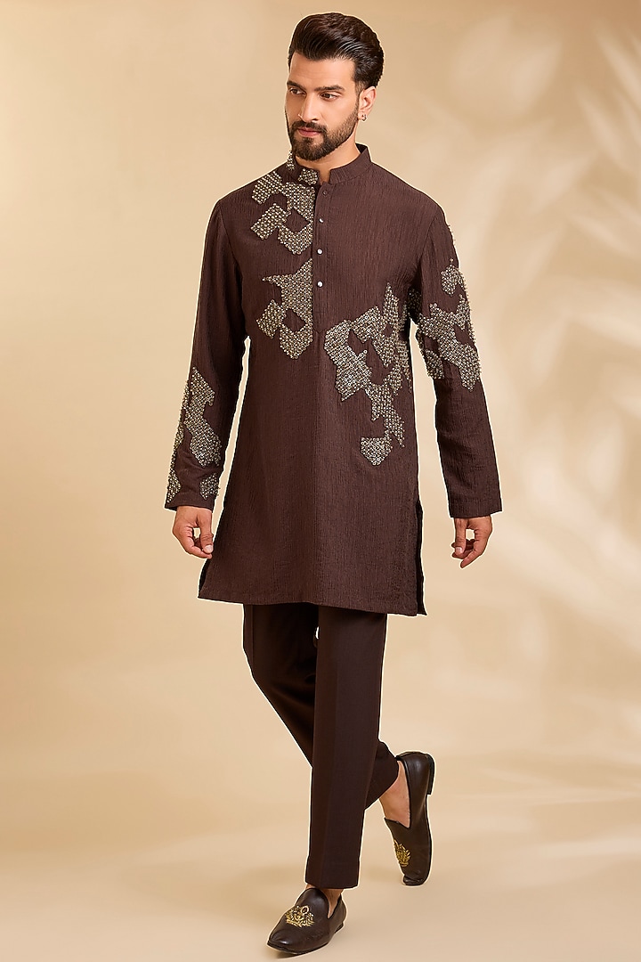 Dark Brown Linen Silk Chanderi Kurta Set by Qbik Men at Pernia's Pop Up Shop