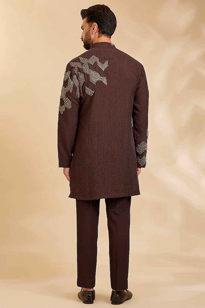 Dark Brown Linen Silk Chanderi Kurta Set by Qbik Men at Pernia's Pop Up Shop