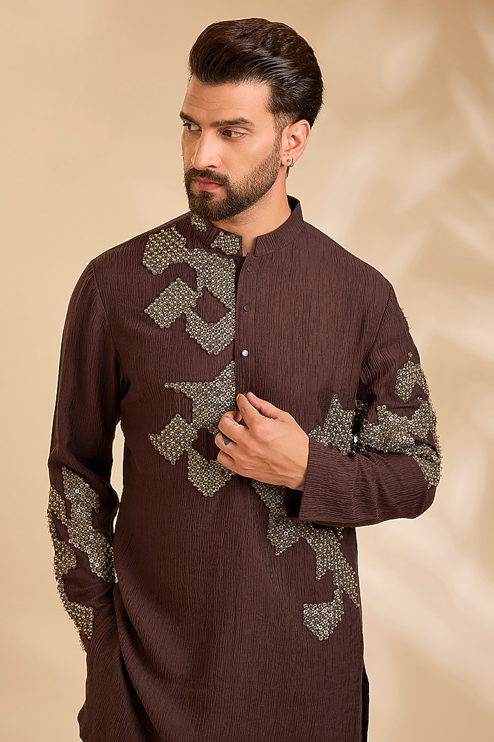 Dark Brown Linen Silk Chanderi Kurta Set by Qbik Men at Pernia's Pop Up Shop