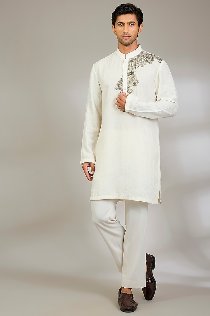 Ivory Silk Kurta Set by Qbik Men at Pernia's Pop Up Shop