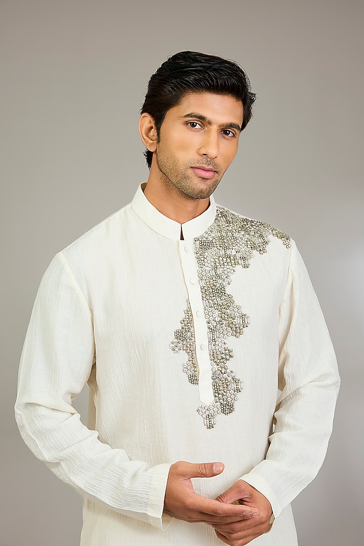 Ivory Silk Kurta Set by Qbik Men at Pernia's Pop Up Shop