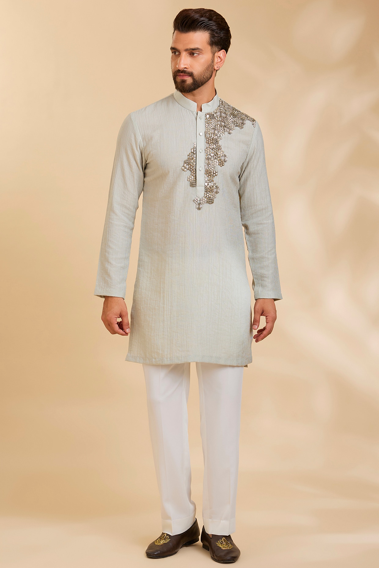 Qbik Mint Linen Silk Chanderi Kurta Set