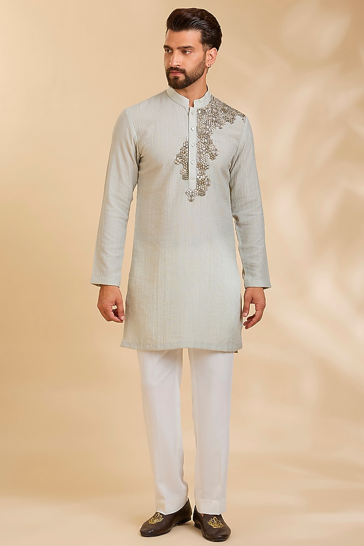 Mint Linen Silk Chanderi Kurta Set by Qbik Men at Pernia's Pop Up Shop