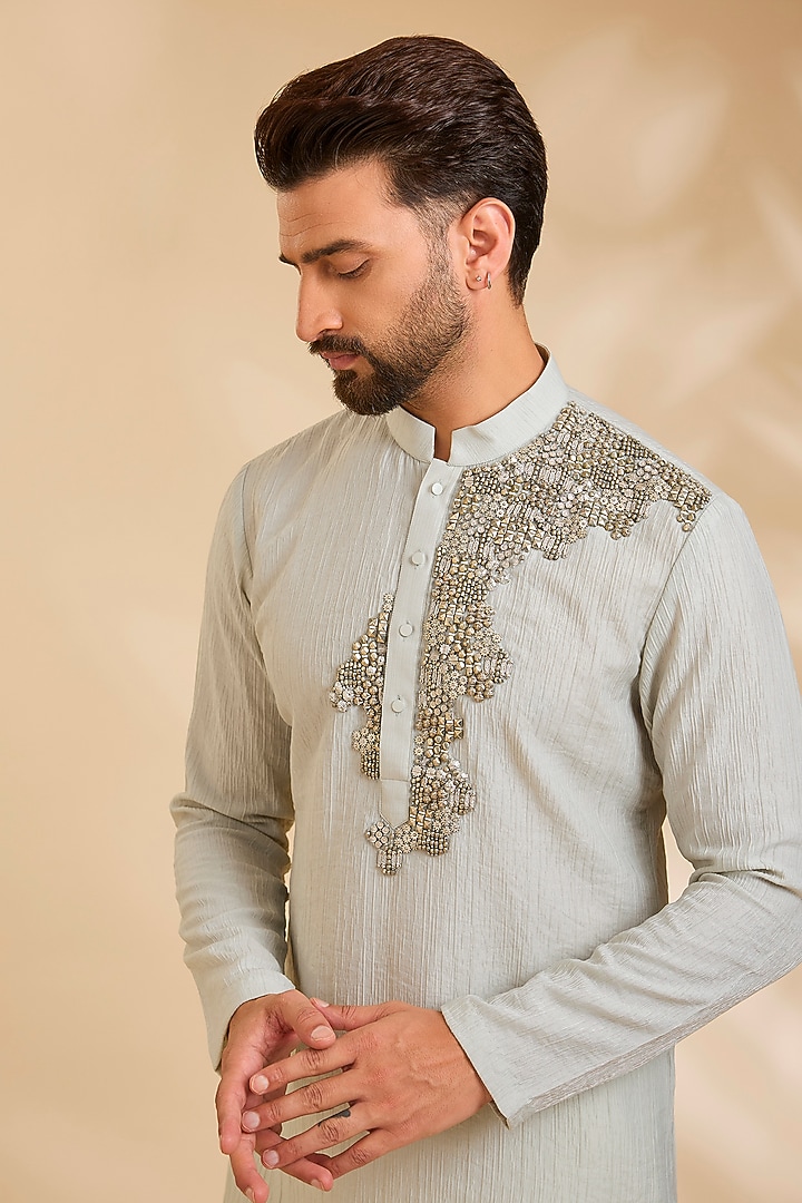 Mint Linen Silk Chanderi Kurta Set by Qbik Men at Pernia's Pop Up Shop