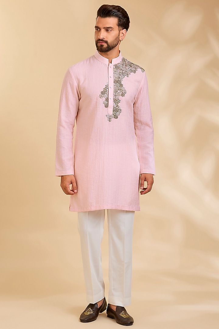 Pink Linen Silk Chanderi Kurta Set by Qbik Men at Pernia's Pop Up Shop