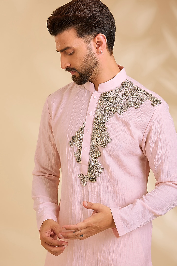 Pink Linen Silk Chanderi Kurta Set by Qbik Men at Pernia's Pop Up Shop