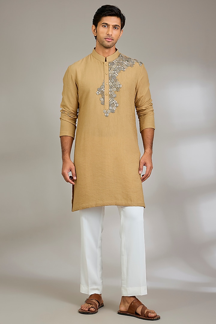 Mustard Silk Kurta Set by Qbik Men at Pernia's Pop Up Shop