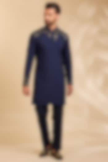 Navy Blue Linen Silk Chanderi Kurta Set by Qbik Men at Pernia's Pop Up Shop