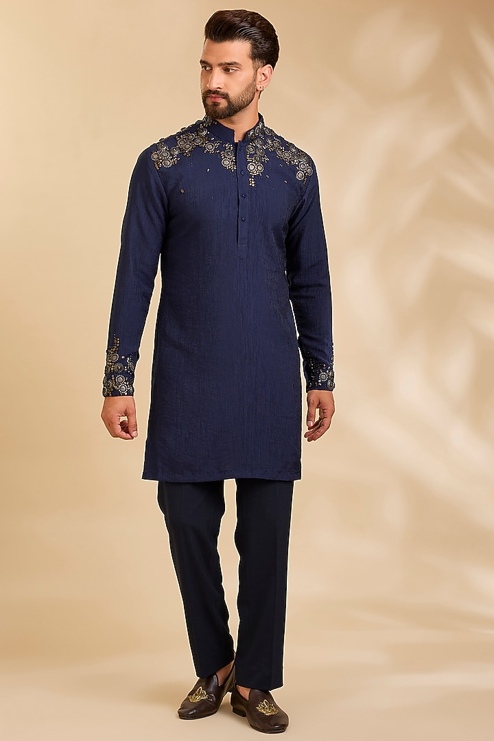 Navy Blue Linen Silk Chanderi Kurta Set by Qbik Men at Pernia's Pop Up Shop