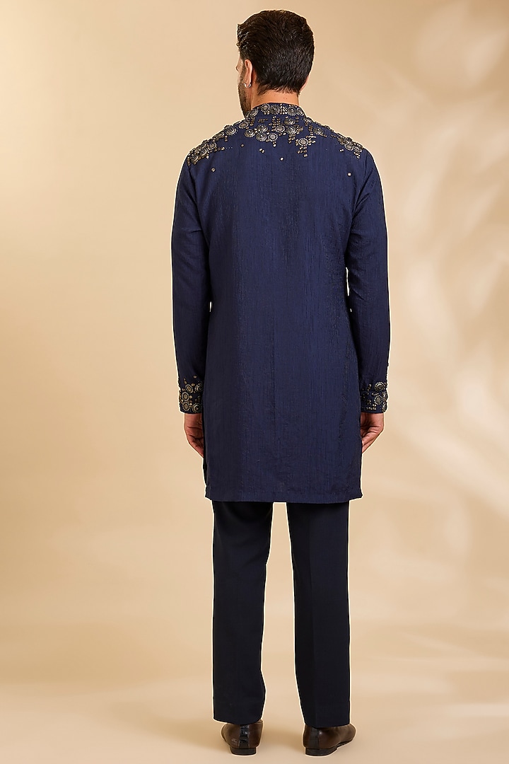 Navy Blue Linen Silk Chanderi Kurta Set by Qbik Men at Pernia's Pop Up Shop