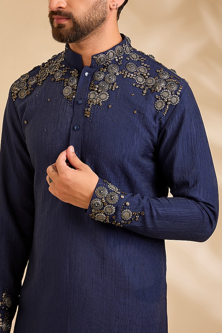 Navy Blue Linen Silk Chanderi Kurta Set by Qbik Men at Pernia's Pop Up Shop