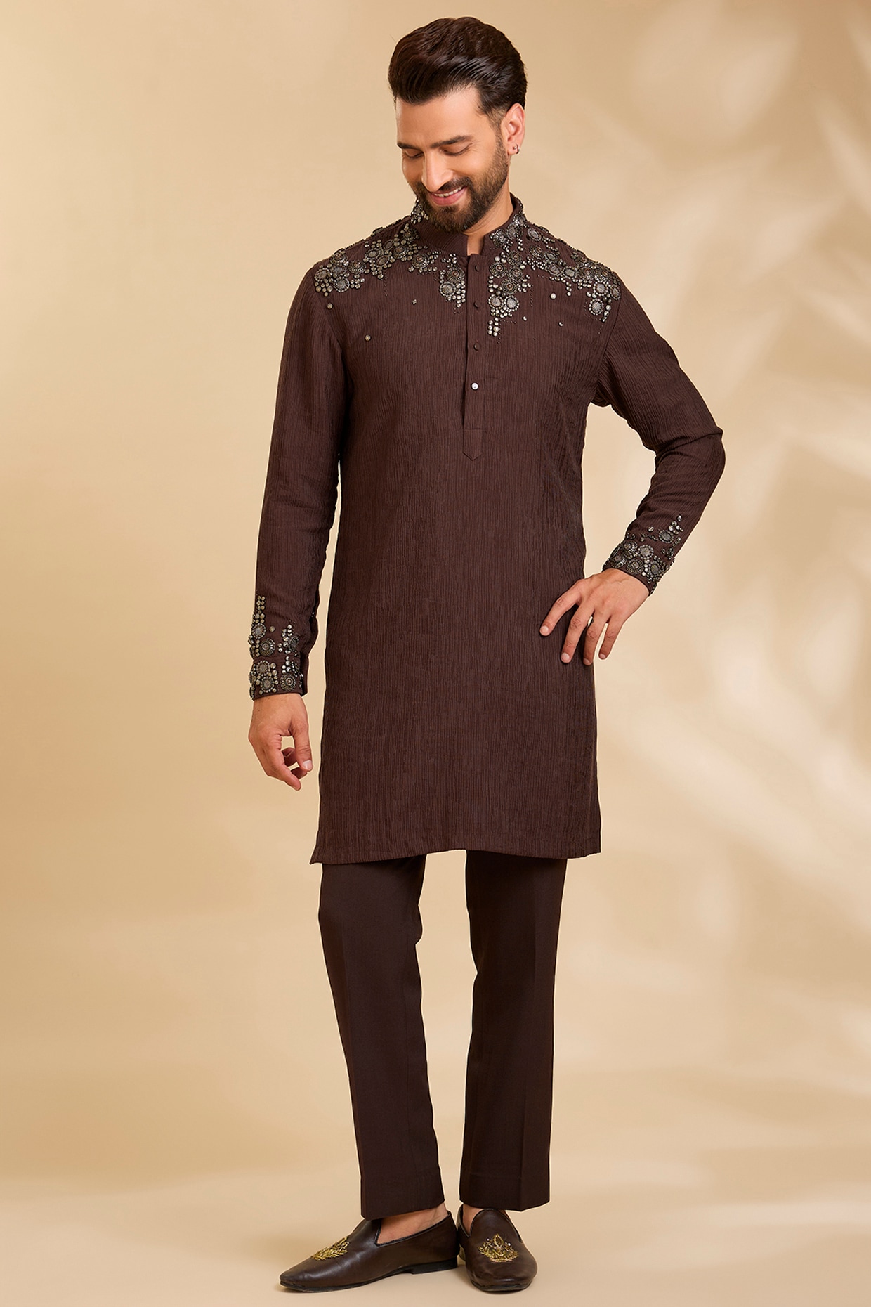 Qbik Dark Brown Linen Silk Chanderi Kurta Set