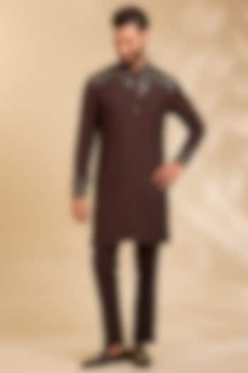 Dark Brown Linen Silk Chanderi Kurta Set by Qbik Men at Pernia's Pop Up Shop
