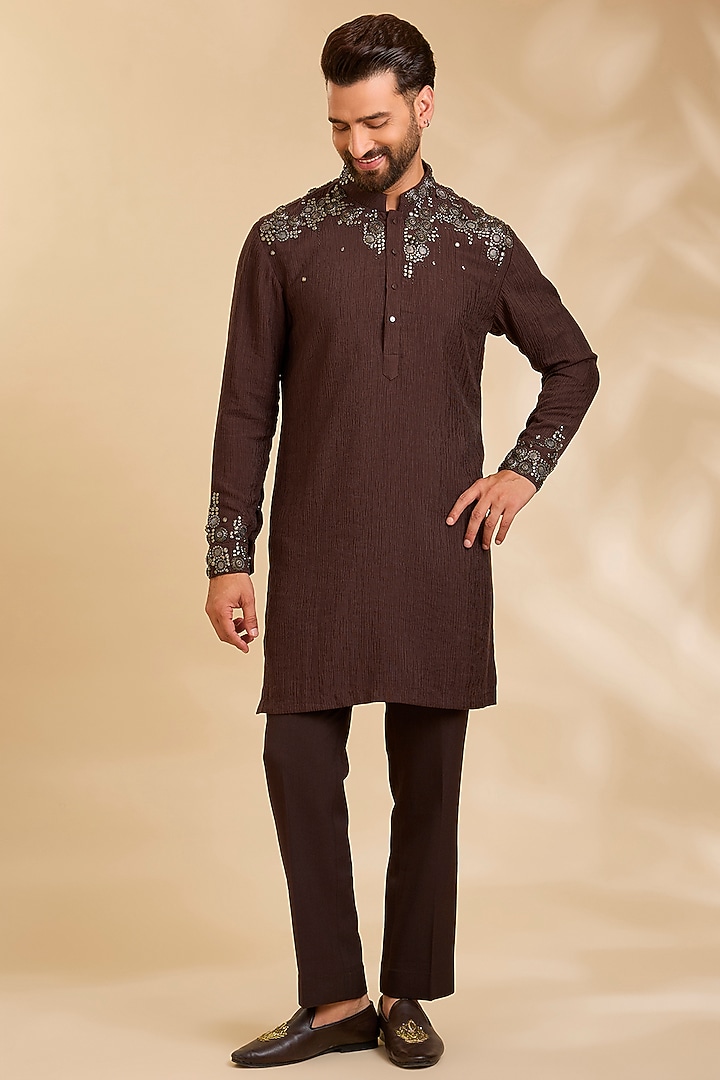 Dark Brown Linen Silk Chanderi Kurta Set by Qbik Men at Pernia's Pop Up Shop