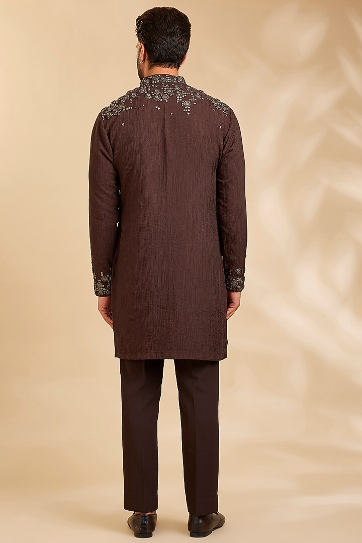 Dark Brown Linen Silk Chanderi Kurta Set by Qbik Men at Pernia's Pop Up Shop