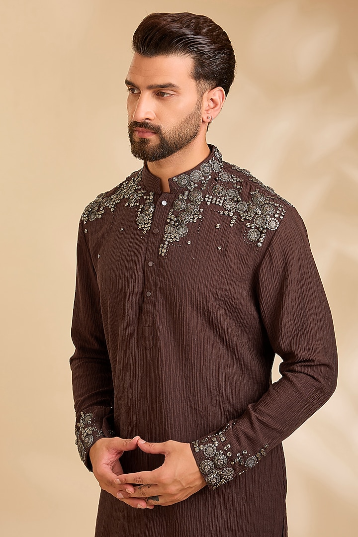 Dark Brown Linen Silk Chanderi Kurta Set by Qbik Men at Pernia's Pop Up Shop