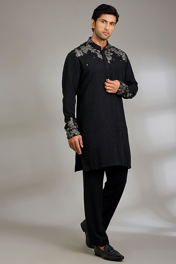 Black Silk Kurta Set by Qbik Men at Pernia's Pop Up Shop